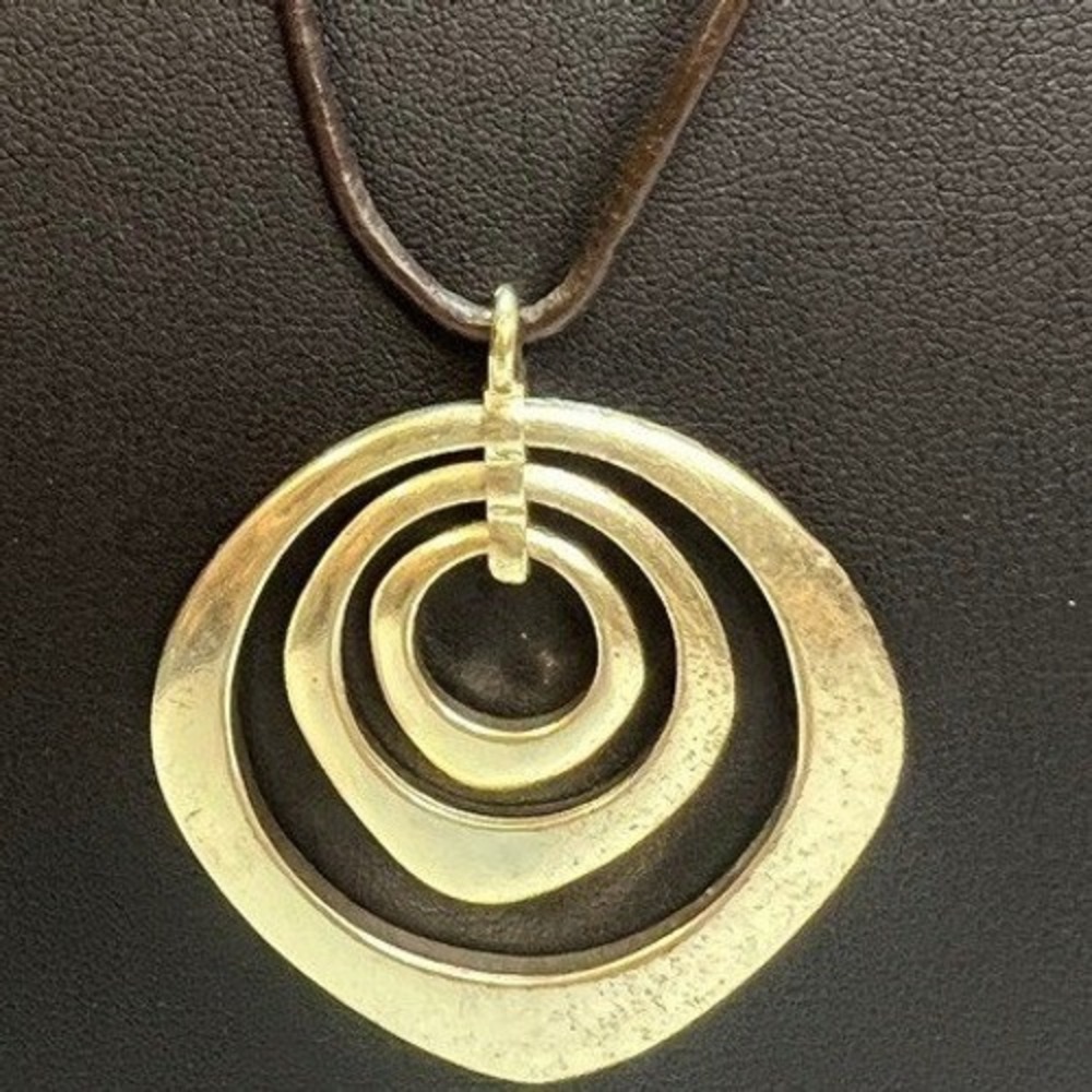 Vintage Y2K Necklace Orbital Circle Pendant Silver Tone Leather Cord Sliders 28"